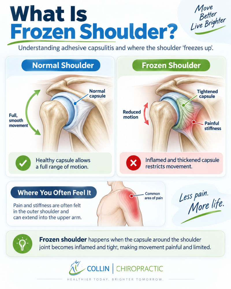 Original Collin Chiropractic diagram comparing a normal shoulder with frozen shoulder adhesive capsulitis