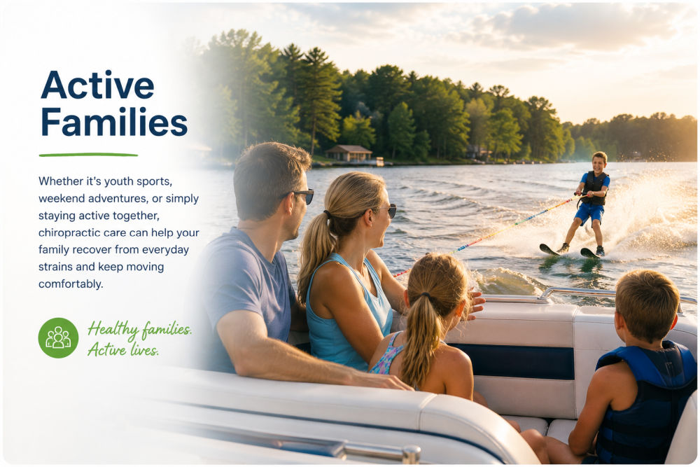 Active family watching a child water ski from a boat on a sunny lake