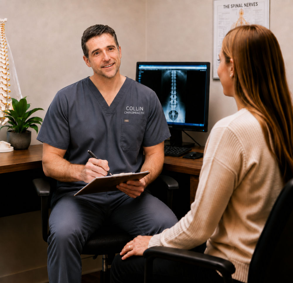 Dr. Richard Collin reviewing chiropractic findings with an auto accident patient