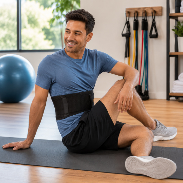Man wearing a supportive back brace while stretching in a bright exercise room