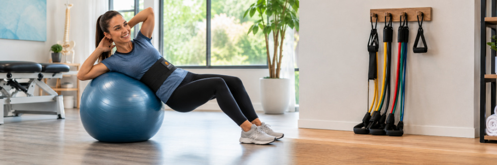 Woman using an exercise ball with resistance bands nearby for home movement and exercise